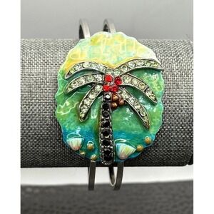 Vintage Tropical Palm Tree Clamper Bangle Enamel Rhinestone Beach Bracelet 7.5"